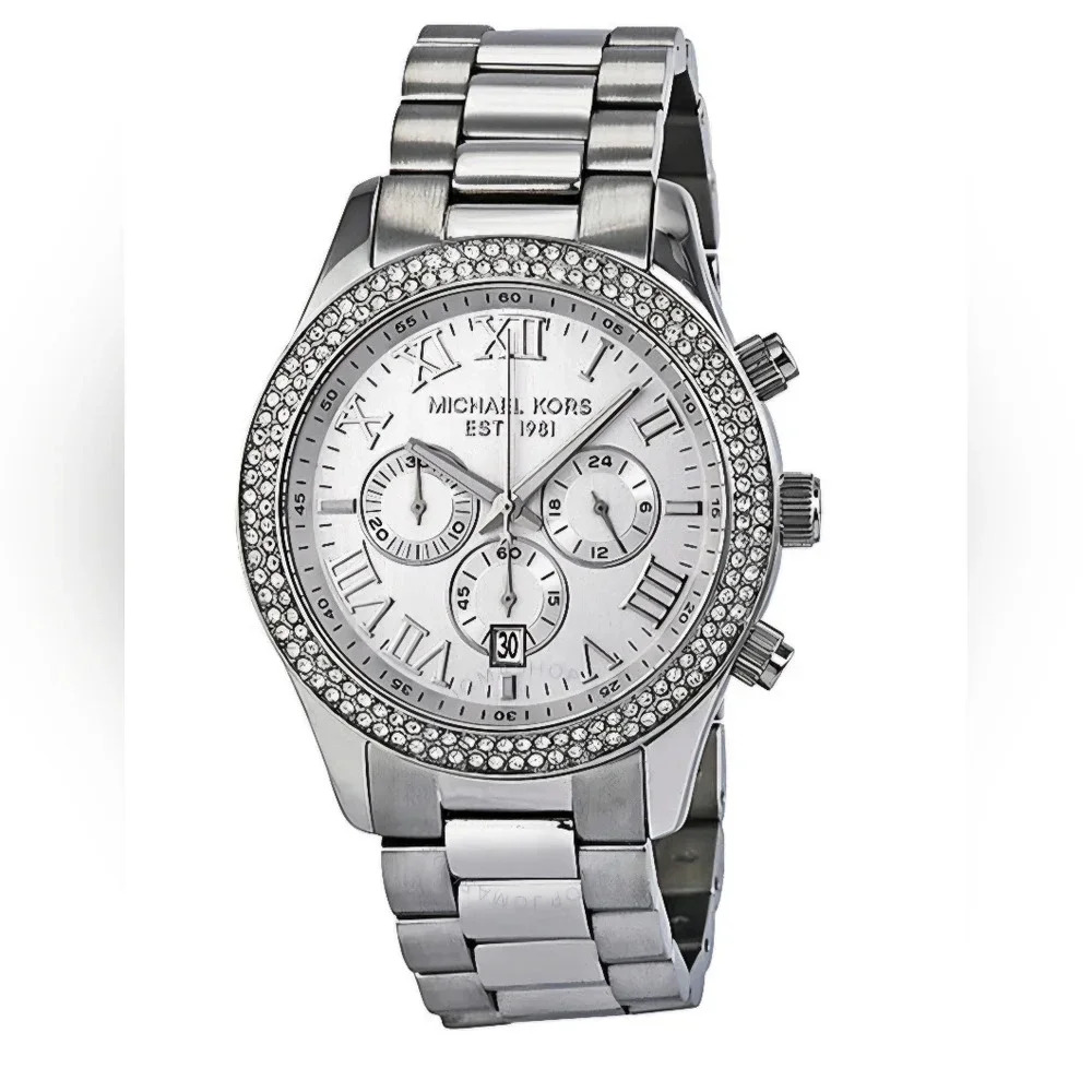 Michael Kors Layton Chronograph Silver Rhinestone Embellished Watch